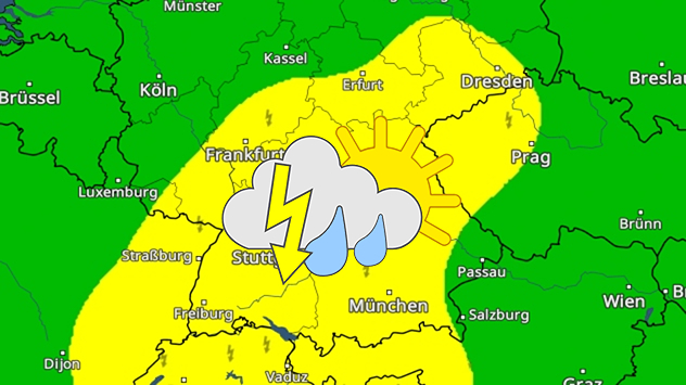 Wetterkarte mit gelb eingefärbter Gewitterzone von Frankfurt bis München und Dresden, grüne Gebiete links und rechts davon, Wettersymbol für Gewitter und Sonne.