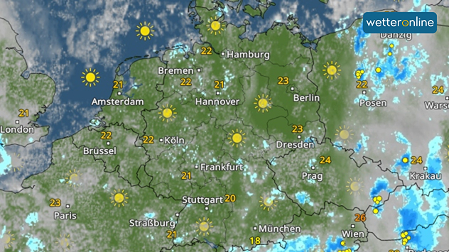 WetterRadar für Samstagnachmittag mit Temperaturen um 20 bis 24 Grad, dazu ein Feld unter wolkigem Himmel.
