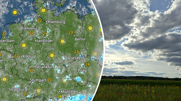 WetterRadar für Samstagnachmittag mit Temperaturen um 20 bis 24 Grad, dazu ein Feld unter wolkigem Himmel.