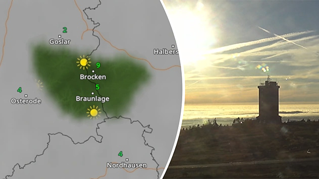 WetterRadar von Dienstagmorgen und Webcam-Bild vom Brocken