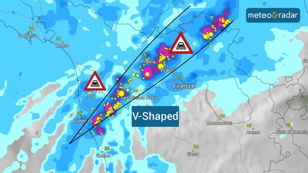 Il temporale autorigenerante (V-shaped) che ha insistito per ore sulla Toscana scaricando fino a 220mm