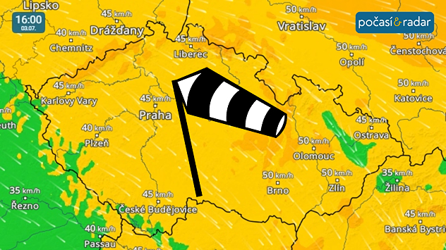 Větrný radar, screenshot, 3. 7. 16:00: Pátek je v Česku poměrně větrný. S přechodně čerstvým severozápadním větrem se budeme setkávat také o víkendu.