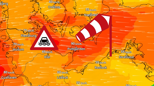 WindRadar zeigt starke Winde an der Ostseeküste. Sturmböen mit bis zu 90 km/h. Warnsymbole weisen auf Sturmhochwasser hin.