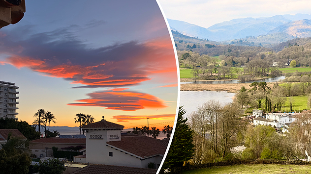 Split image showing coastal sunset with layered lenticular clouds over rooftops and palm trees on the left, and a green valley with river and hills under soft daylight on the right.
