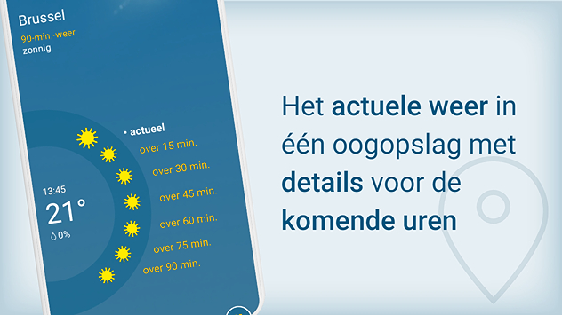 Een overzicht van de 90 minuten-weersverwachting van de Weer & radar app. Met deze functie heb je een handig overzicht over de exacte weersontwikkelingen voor de komende anderhalf uur.