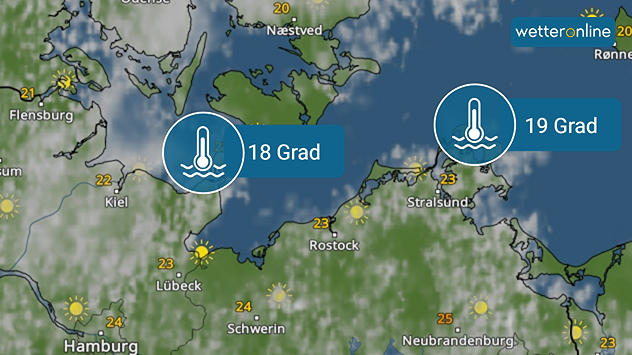 Wetterkarte mit Sonnensymbolen über Norddeutschland. In der Ostsee bei Cuxhaven wird eine Wassertemperatur von 18 und 19 Grad angezeigt. Temperaturen an Land liegen bei 21 bis 24 Grad.