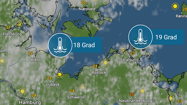 Wetterkarte mit Sonnensymbolen über Norddeutschland. In der Ostsee bei Cuxhaven wird eine Wassertemperatur von 18 und 19 Grad angezeigt. Temperaturen an Land liegen bei 21 bis 24 Grad.