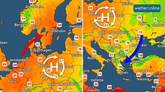 Links: Warmluft aus Südwesteuropa beschert Stockholm heute fast einen Sommertag. Dagegen weht nach Griechenland sehr kühle Luft (rechts).