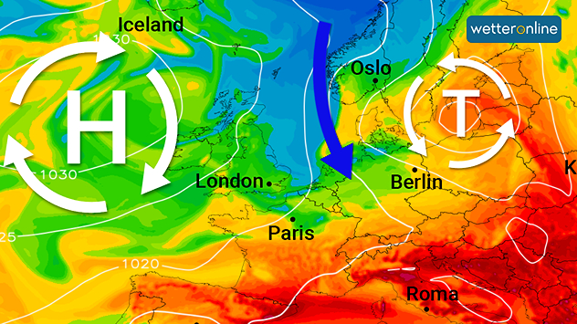 Wetterkarte mit Hoch über dem Atlantik und Tief über Osteuropa. Ein Pfeil zeigt den Zustrom kühlerer Luft aus Norden nach Mitteleuropa zum Wochenende.