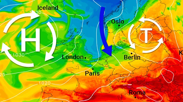 Wetterkarte mit Hoch über dem Atlantik und Tief über Osteuropa. Ein Pfeil zeigt den Zustrom kühlerer Luft aus Norden nach Mitteleuropa zum Wochenende.