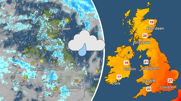 Split weather graphic showing radar imagery with scattered rain bands and showers across the UK and Ireland on the left, and a temperature map on the right showing mild to warm conditions with highs up to 27 °C in southern England.