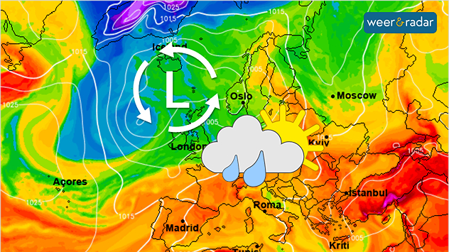 De Europese weerkaart voor midden volgende week toont een omvangrijk lagedrukgebied tussen Schotland en IJsland, dat voor wisselvallig weer in grote delen van West-Europa zorgt.