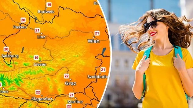 Links das TemperaturRadar für Österreich, rechts eine Frau im T-Shirt und mit Sonnenbrille.