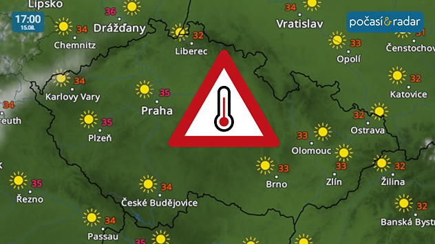 Meteoradar, screenshot, 15. srpna 17:00: Sobota se v Česku ponese v duchu slunečného a horkého počasí.