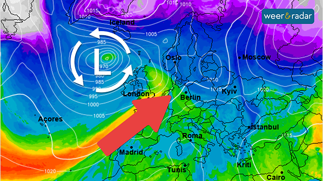 De weerkaart voor volgende week toont een omvangrijke depressie tussen Schotland en IJsland, die zeer zachte lucht naar West-Europa brengt.