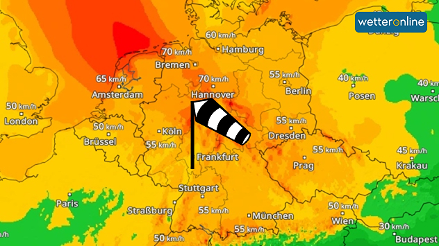 WindRadar mit kräftigen Böen am Sonntagnachmittag in ganz Deutschland