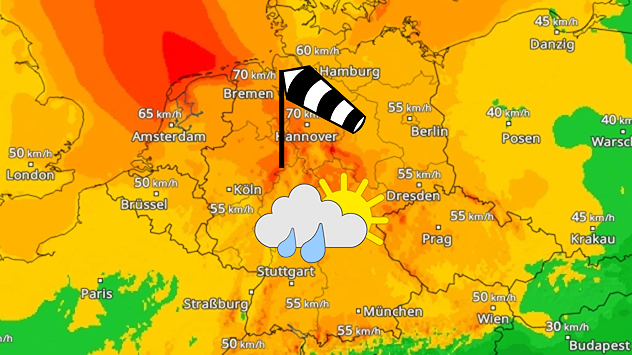 WindRadar zeigt kräftige Böen am Sonntagnachmittag in ganz Deutschland und Wettersymbol mit Sonne und Regen WindRadar zeigt kräftige Böen am Sonntagnachmittag in ganz Deutschland und Wettersymbol mit Sonne und Regen