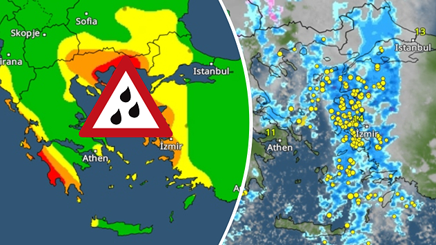 Tweedelig beeld met waarschuwingskaart voor hevige regenval en weerradar. Links gekleurde waarschuwingsniveaus boven Griekenland en de Egeïsche Zee. Rechts uitgestrekte regengebieden met veel onweer.