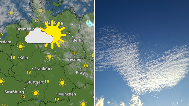 Ruhiges und oft sonniges Sonntagswetter, daneben eine Wolke in Herzform