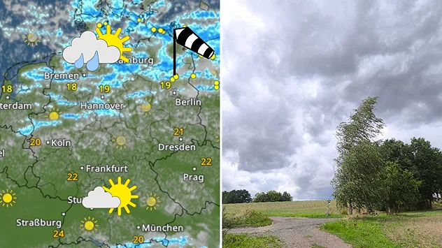 WetterRadar mit Schauern und Gewittern im Norden, ruhiges Sommerwetter im Süden, daneben Foto von dunklen Wolken und Baum der sich im Wind biegt.