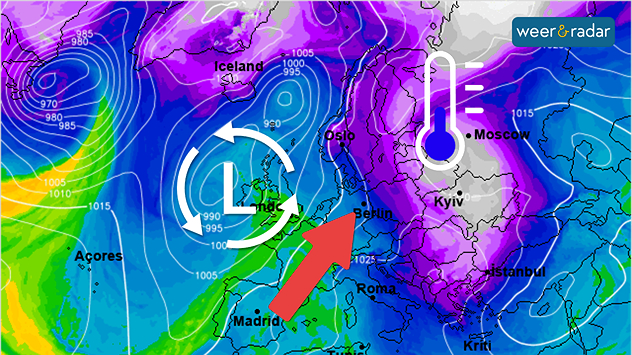 De weerkaart voor volgende week dinsdag toont een lagedrukgebied bij de Britse Eilanden, dat zachte lucht aanvoert. De kou wordt naar het oosten verdreven.