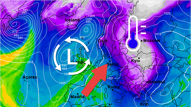 De weerkaart voor volgende week dinsdag toont een lagedrukgebied bij de Britse Eilanden, dat zachte lucht aanvoert. De kou wordt naar het oosten verdreven.