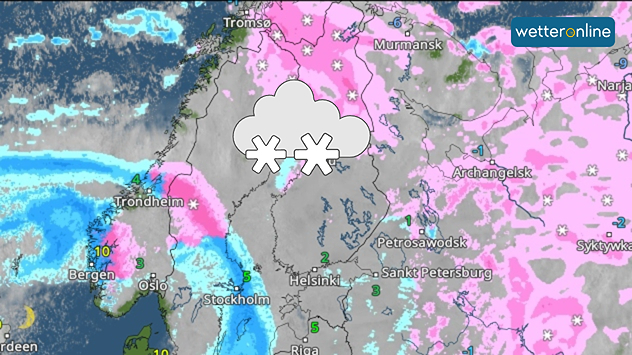 Wetterkarte mit ausgedehnten Schneeflächen über Skandinavien und Finnland. Schneefronten ziehen von Westen nach Osten.