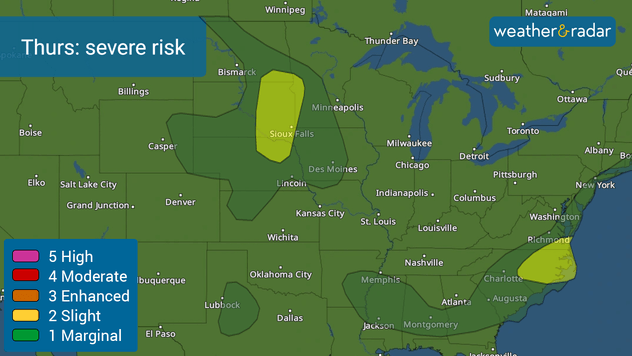 Thursday's severe weather risk is slight across the parts of the Upper Midwest and another area in North Carolina and Virginia.