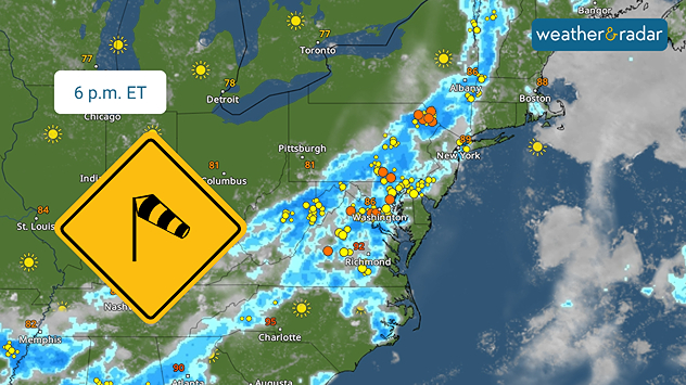Damaging gusts will impact the I-95 corridor during the busy commute hours.