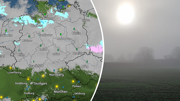 Links: WetterOnline WetterRadar, Rechts: Blick auf ein Feld bei Nebel.