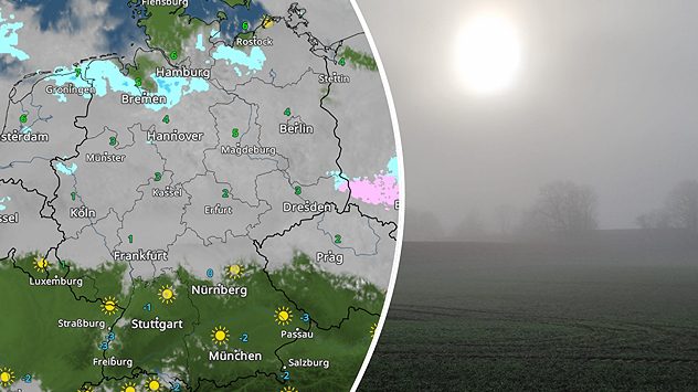 Links: WetterOnline WetterRadar, Rechts: Blick auf ein Feld bei Nebel. (c) R. Franz