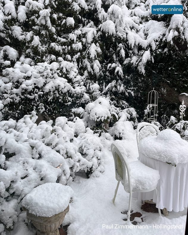 Verschneiter Gartentisch und Stühle zwischen schneebedeckten Sträuchern.