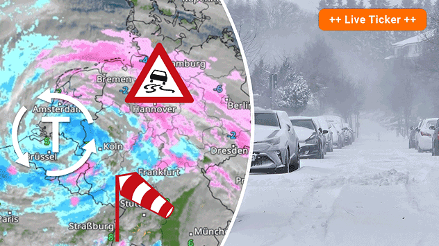 Wetterkarte von Mitteleuropa mit blauem Regen- und rosa Schneeband. Warnsymbole markieren Glätte und starken Wind. Pfeile zeigen eine Drehbewegung von Westen nach Osten über Deutschland (links), Schneeverwehungen und eingeschneite Straße (rechts)
