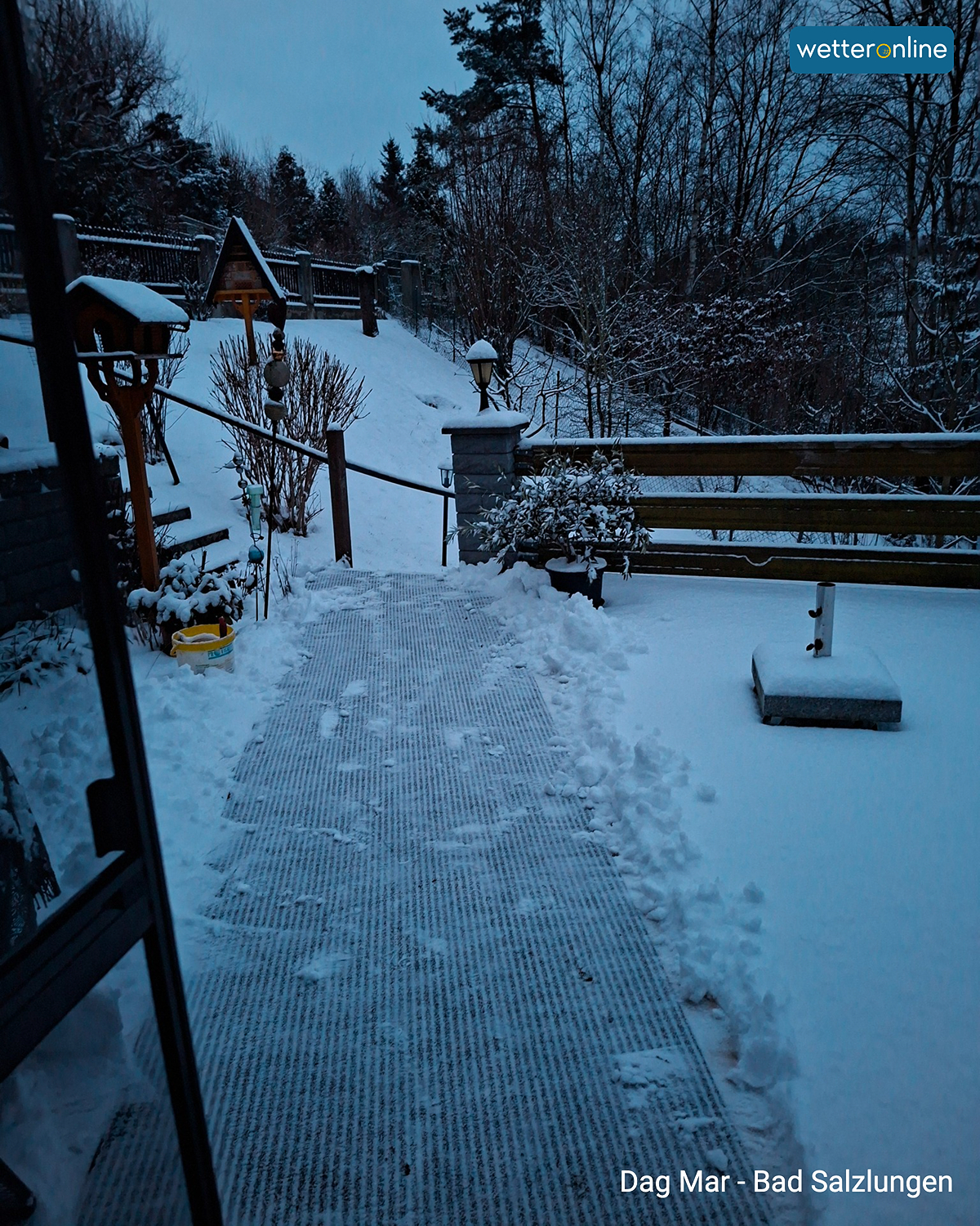 Teilweise freigeräumter Gehweg durch einen verschneiten Gartenbereich.