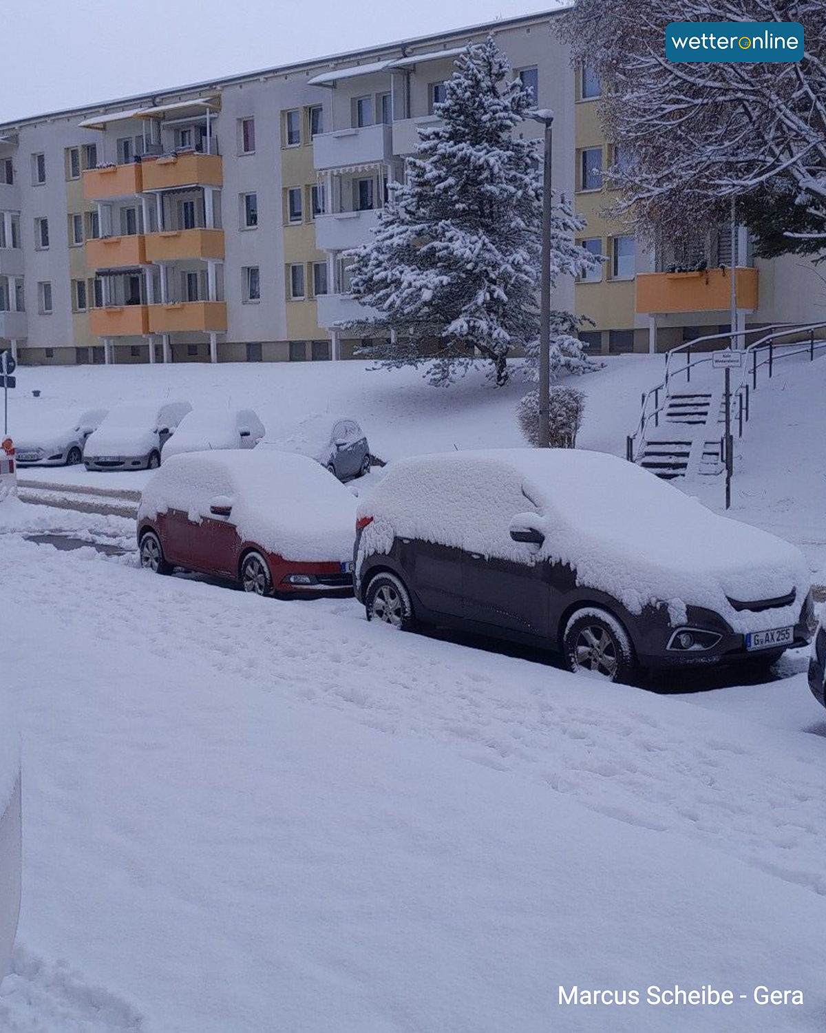 Autos dicht an dicht, komplett von Schnee bedeckt, vor Wohnhäusern.