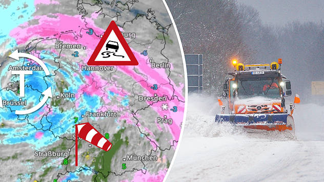 Wetterkarte mit Schneefront und Sturm über Deutschland neben einem Schneepflug im Einsatz bei starkem Schneefall.