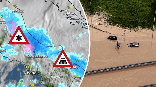 À gauche, le radar météo pour l'Italie, qui annonce de fortes pluies ; à droite, une route inondée