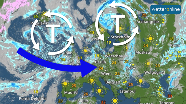 Europa-Wetterkarte mit Tiefdruckgebieten über dem Nordatlantik und Skandinavien. Ein Pfeil zeigt feuchte Atlantikluft nach Mitteleuropa.