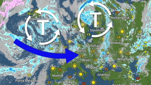 Europa-Wetterkarte mit Tiefdruckgebieten über dem Nordatlantik und Skandinavien. Ein Pfeil zeigt feuchte Atlantikluft nach Mitteleuropa.