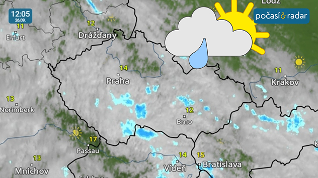 Meteoradar, screenshot, 26. 9. 12:05: Pátek do Česka přináší ještě spíše podmračené počasí, místy se vyskytuje občasný déšť nebo přeháňky.