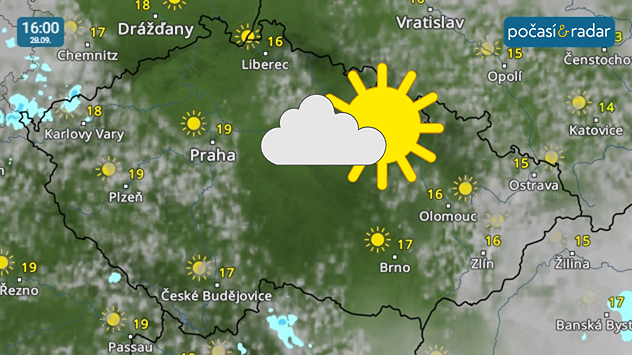 Meteoradar, screenshot, 28. 9. 16:00: O víkendu srážky ustanou, oblačnost se bude protrhávat a odpolední teploty zamíří až k 19 °C.