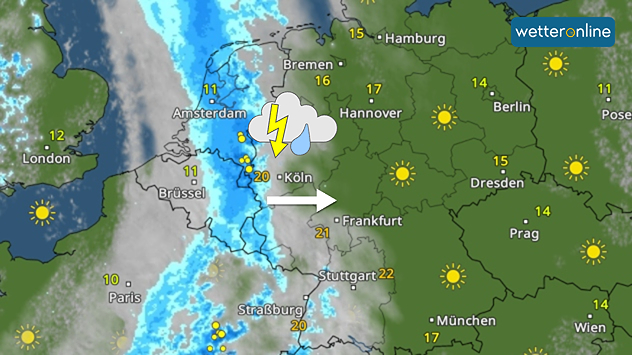 WetterRadar mit Gewittern und Regen im Westen Deutschlands, sonnig im Osten. Pfeil zeigt Zugrichtung der Front nach Osten.