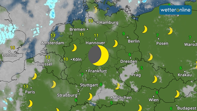 Wetterkarte Mitteleuropas mit klarer Nacht und Temperaturen zwischen 5 und 13 Grad.
