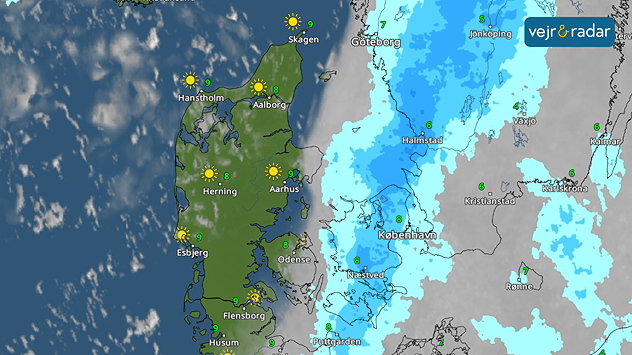 VejrRadaren viser sol over Jylland mens store dele af Sjælland opelever regn lørdag d. 13. december om eftermiddagen.