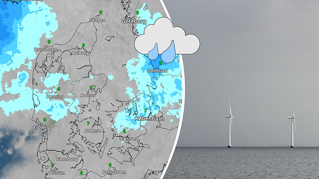 VejrRadar-billede fra 14. december med udbredt nedbør over Danmark og Sydsverige samt gråvejr ved havvindmøller.
