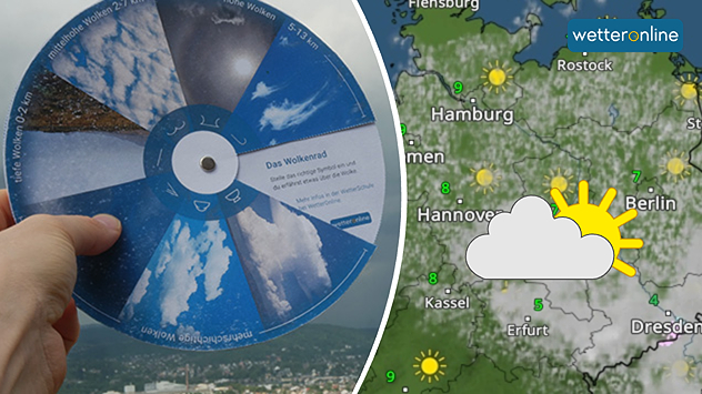Mit dem Wolkenrad (links) lässt sich der Name von einigen Wolken leicht herausfinden. Das WetterRadar (rechts) zeigt viele Wolken heute im Norden und Osten. 