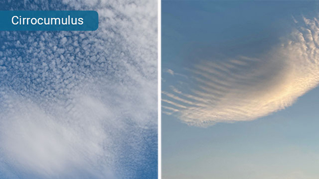 Zu den hohen Wolken zählt der Cirrocumulus. Diese Wolkenform besteht aus winzigen Haufen (links), die manchmal auch wellenförmig angeordnet sind (rechts).