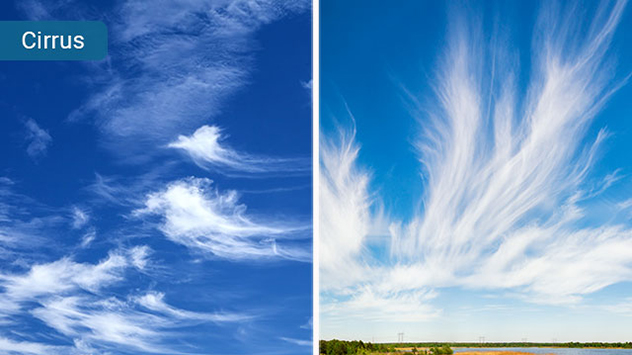 Zu den hohen Wolken zählen die Cirruswolken. Das sind hohe Wolkenschlieren mit faser- oder haarartigem Aussehen. 