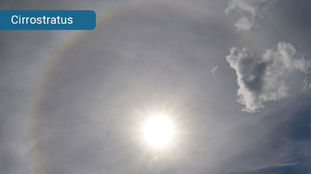 Ebenfalls komplett aus Eis besteht Cirrostratus. Das ist eine Schleierwolke, die Teile oder gleich den ganzen Himmel bedeckt. 