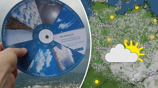 Mit dem Wolkenrad (links) lässt sich der Name von einigen Wolken leicht herausfinden. Das WetterRadar (rechts) zeigt viele Wolken heute im Norden und Osten.